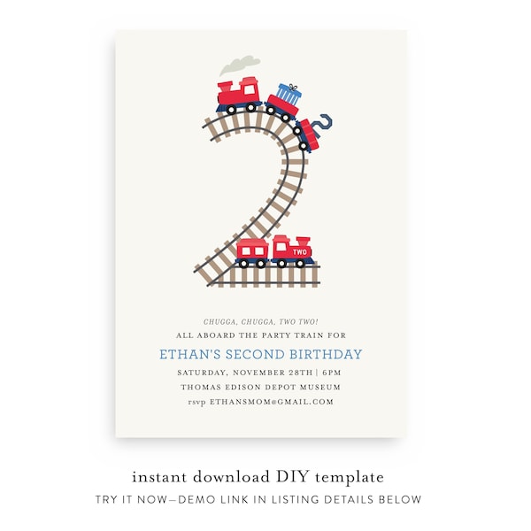 Chugga Chugga Two Two Birthday Invitation | Train Invitations | Instant Download | Printable