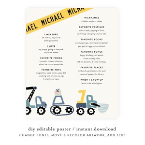 Construction Milestone Poster with Diggers and Dump Trucks, Construciton Birthday Party, Instant Download Construction Milestone Poster