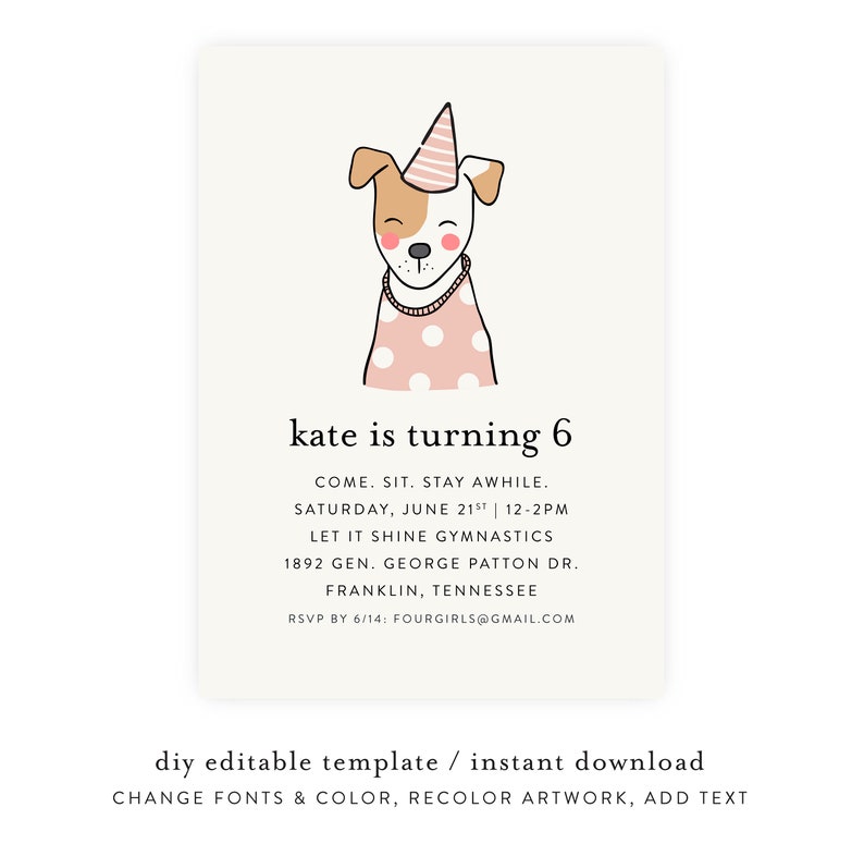 Puppy Party Invitation w/ Picture, Puppy Birthday Invitation, Puppy Birthday Party, Instant Download, Dog Birthday Party, Printable Template image 1