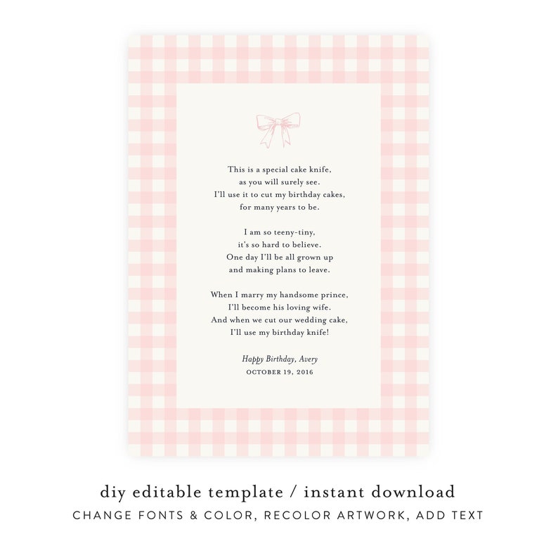 DIY Birthday Cake Knife Poem Printable Etsy Ireland