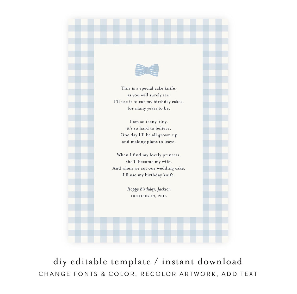 Birthday Cake Knife Poem Printable Template Etsy
