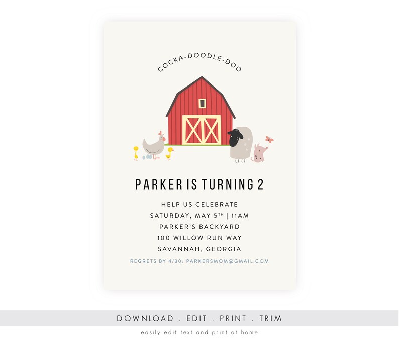 Barnyard Birthday Invitation w/ Picture First Birthday Invitation, Farm Party, Farm Birthday, Barnyard Party, Printable Template, PDF image 1