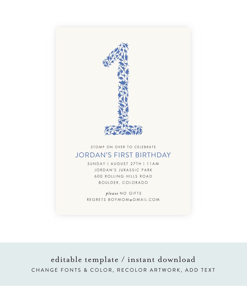 Dinosaur Birthday Invitation First Birthday Party, Dino Invitation, Dino Invite, Dinosaur Invitation Template, Dino Birthday, 1st Birthday image 1