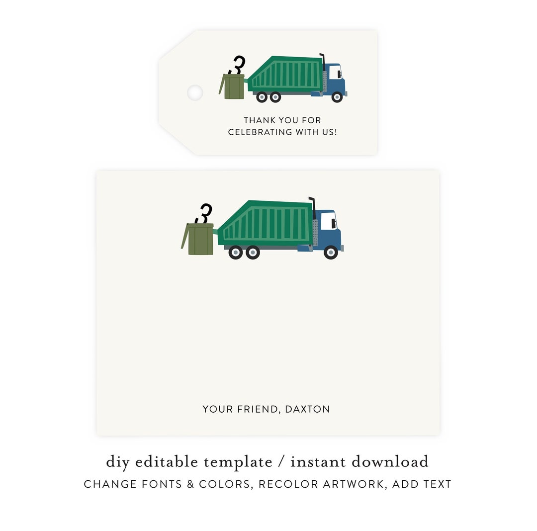 Trash Bash Note Cards and Gift Tags Garbage Truck, Instant Download