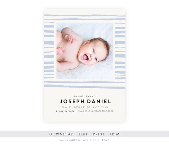 modern baby boy birth announcement instant download printable template newborn printable birth announcement template new baby boy pdf new baby template