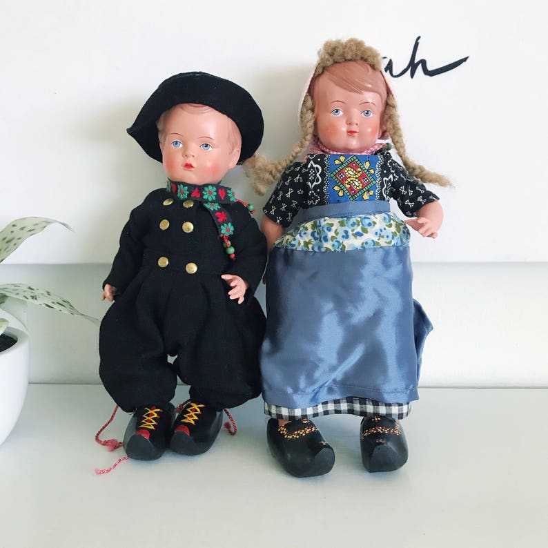 Vintage Antique Celluloid Dutch Dolls Boy and Girl Set Real image 0