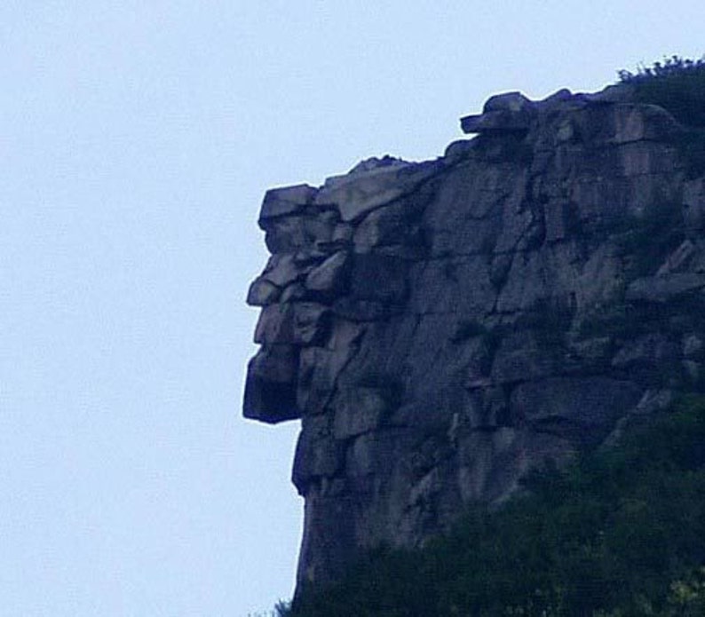 May include: A large, dark gray rock formation featuring a natural profile that resembles a human face in silhouette. The craggy cliffside displays jagged stone layers and deep crevices against a pale, light blue sky, with green foliage visible.