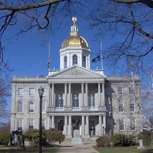 May include: The New Hampshire State House is a gray stone building featuring a prominent gold-colored dome topped with a golden eagle statue. The structure has a classical facade with multiple columns, symmetrical windows, and a central entrance.