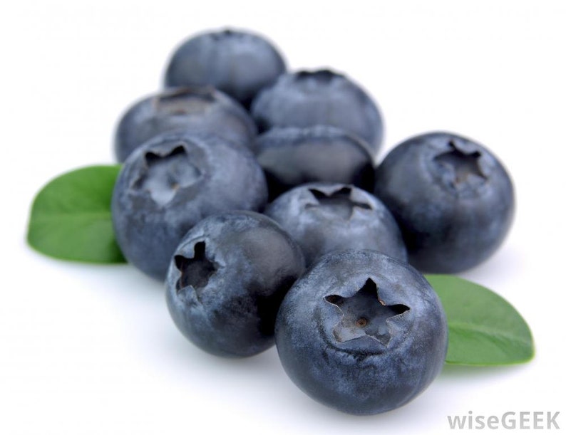Pu&ograve; includere: Un gruppo di mirtilli freschi, rotondi e blu scuro con una buccia dalla consistenza liscia e opaca. Ogni bacca presenta un calice distintivo a forma di stella sulla parte superiore. Due foglie verdi ovali sono posizionate alla base.