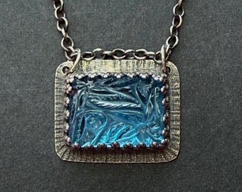 Carved Sky Blue Topaz Handcrafted Sterling Silver Necklace, OOAK jewelry