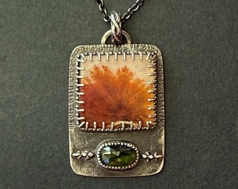 Handmade Sterling Silver Dendritic Agate with Green Tourmaline Inspirational Necklace