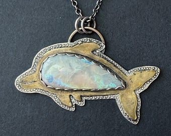 Find Joy Handmade Dolphin Necklace: 18.5ct Australian Opal, Sterling Silver and Brass