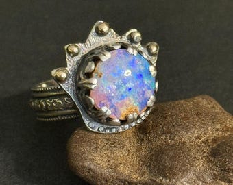 Crown II Handcrafted Ring with 4.4ct Purple Blue Australian Crystal Pipe Opal set in Sterling Silver, Size 7