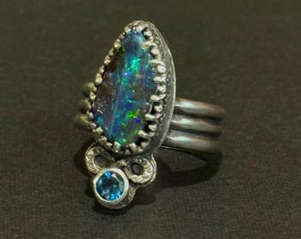 Tide of Starlight Australian Dark Blue Boulder Opal and London Blue Topaz Ring Sterling Silver, Size 7.25, OOAK