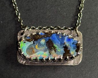 Beyond The Edge Handcrafted Necklace: Picture like Australian Boulder Opal set in Sterling Silver, OOAK Jewelry, Wearable Art