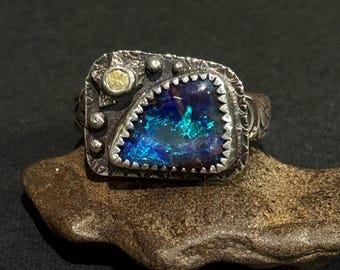 Universe’s Secret - Deep Blue Boulder Opal and Yellow Canary Diamond Handcrafted Sterling Silver Ring, Size 8.5, OOAK, wearable art