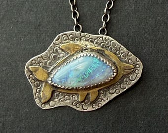 Find Joy Inspirational Handmade Dolphin Necklace: Australian Black Opal, Sterling Silver and Brass