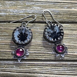 The Forest Magic Handmade Earrings with finest Picture like Dendritic Agate and Pink Sapphire gemstones set in 925 Silver, OOAK gift for her