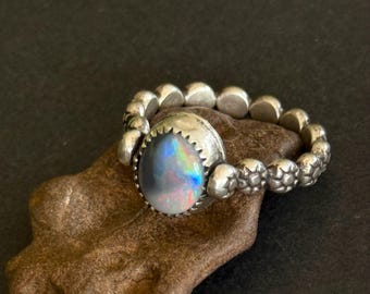 Handmade Australian Lightning Ridge Opal Sterling Silver Ring, Forget-Me-Not Band, Size 7.5
