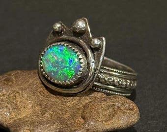 Crown Handcrafted Ring with 2ct Ocean Blue Green Australian Lightning Ridge Crystal Opal set in Sterling Silver, Size 8