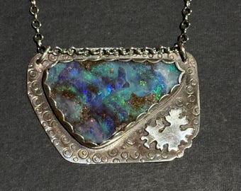 Ocean of Stars Handcrafted Inspirational Necklace with Blue Australian Boulder Opal set in Sterling Silver, OOAK Jewelry, Wearable Art