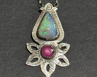 Sunrise Lotus Crystal Pipe Boulder Opal and Pink Sapphire Handcrafted Necklace in Sterling Silver, OOAK