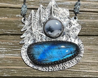 Winter Magic Frozen Lake Handmade Silver necklace with Dendrite Opal and Blue Labradorite