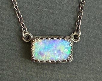 Ethiopian Opal Pin Dot Fire Star Necklace: Oxidized Sterling Silver, OOAK Gem