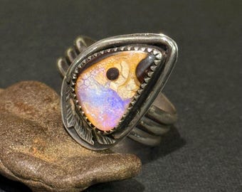 The Eagle - Rare Australian Lightning Ridge Purple Crystal Boulder Opal Sterling Silver Ring, Size 8.5