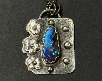 Forget-Me-Not Handcrafted Inspirational Necklace with 5.1ct Blue Australian Boulder Opal set in Sterling Silver, OOAK Jewelry, Wearable Art