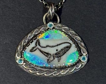 The Whale Theory Handmade Lightning Ridge Opal Necklace, Blue Moisanite Gems and Sterling Silver, OOAK