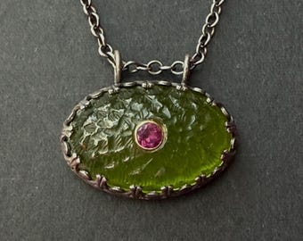 Hand-Carved Green Chalcedony Lotus Necklace with Garnet, Sterling Silver Pendant