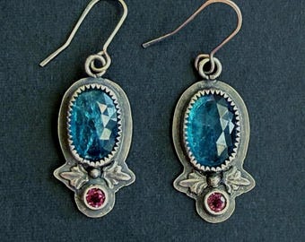 Handmade Kyanite and Pink Tourmaline Earrings: 925 Silver, OOAK