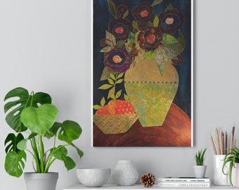 Mixed Media Collage Giclee Print, still life, floral, fruit