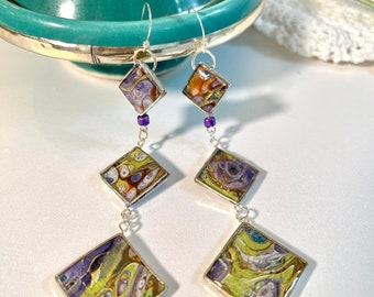 Dangle Art Earrings, original artwork, resin earrings, acrylic pour, purple, green, bridesmaid gift, statement earrings