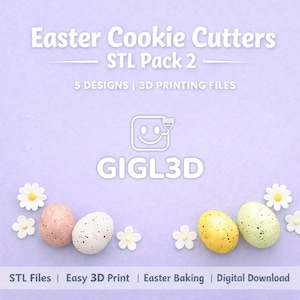 Puede incluir: Imagen lavanda con el texto "Easter Cookie Cutters STL Pack 2" y "5 DESIGNS | 3D PRINTING FILES". La imagen presenta huevos de Pascua moteados en rosa, blanco, amarillo y verde, con acentos de margaritas blancas. También está presente el logotipo "GIGL3D".