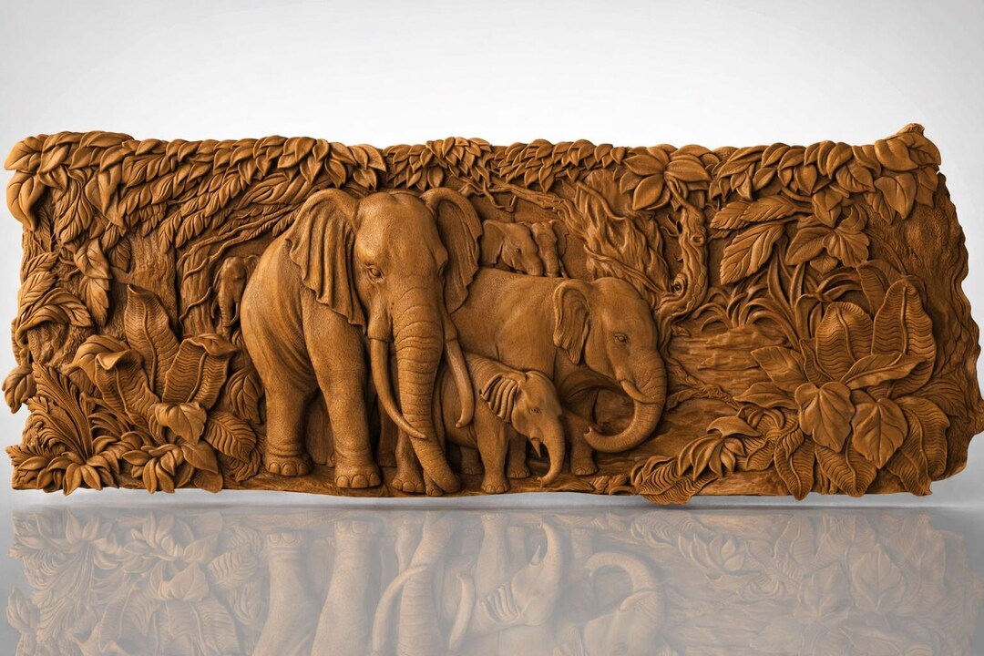 Elephant Wood Carving STL File | 3D Relief Jungle Scene | CNC Router ...
