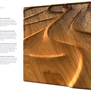 May include: A detailed 3D rendering of a wooden surface with a flowing, organic design. The image shows a close-up of the wood grain and the intricate mesh overlay used in the 3D modeling process. The image also includes a process diagram.
