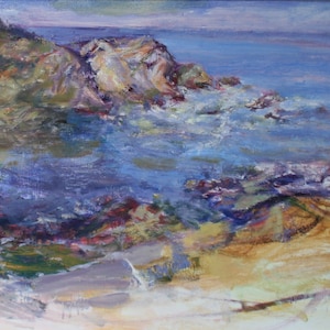 Rythmes côtiers, peinture à l'huile originale, grande, scène côtière, art de l'océan, falaises, cap, plage, post impressionnisme, expressif, semi-abstrait
