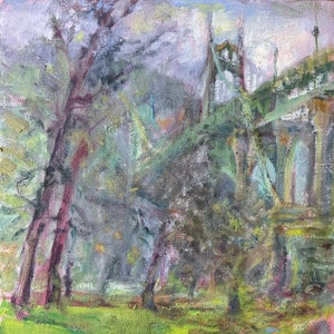 Pont Saint-Jean au printemps, vente, peinture originale, parc de la cathédrale, Portland, impressionnisme, peinture à l'huile en plein air, alla prima, artiste féminine