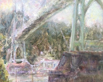 Dreamy Cathedral Park, St. Johns Bridge, Impressionist Print of Oil Painting
