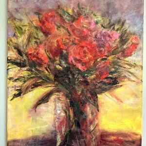 Bouquet vibrant, peinture à l'huile originale, roses peintes, toile, post impressionnisme, floral, héritage, expressif, femmes artistes, art de luxe