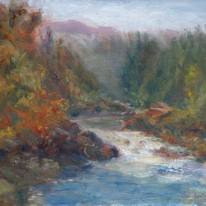 Morning Muse - Paesaggio panoramico del fiume Umpqua, Deadline Falls, all&#39;aria aperta, opzioni di stampa o pittura originale, foresta, Pacifico nord-occidentale