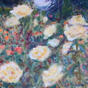 Sunny Day in the Rose Garden, Impressionist Print or Commissioned Original Painting, Portland, Oregon, White Light, Washington Park