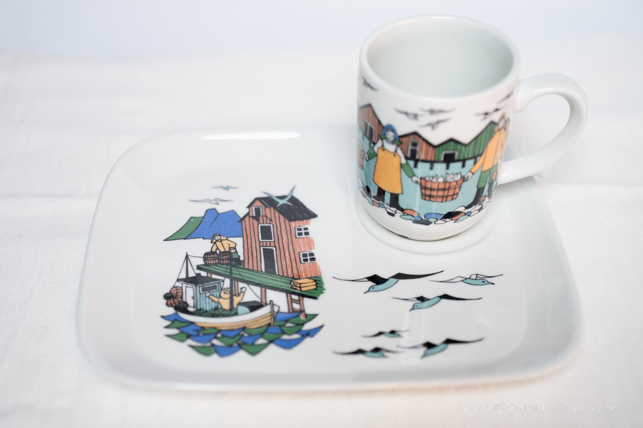 Rare Figgjo Flint Norway Torskefiske Fishermen Cup and Plate Set