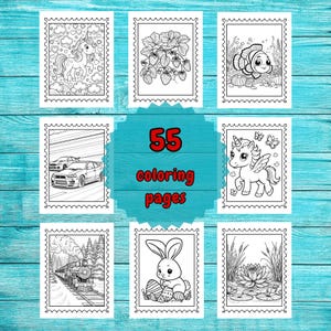 55 Páginas para colorir no estilo carimbo para crianças e adultos | Arte divertida inspirada em postagem para todas as idades | Download instantâneo | Folhas para colorir em PDF