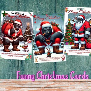 3 grappige kerstkaarten met gorilla in kerstmankostuum en begroetingstekst om af te drukken, briefkaart van 4 x 6 inch direct digitale download