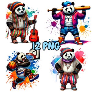 12 Panda Colorido Clipart PNG Cool Panda Jogador De Basquete Panda No Estilo Boho Cool Panda Com Bastão De Beisebol Design De Streetwear Sublimação