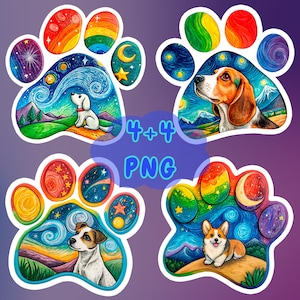 4+4 Van Gogh Style Hundepfoten PNGs | Tierliebhaber Clipart | Sublimationsdesign | Geschenkidee für Kinder | Digitale Drucke