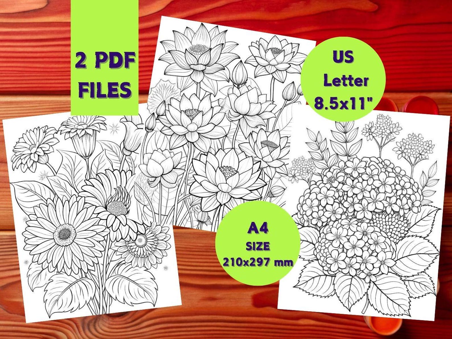 Botanical Flowers Coloring Pages for Relaxing Flowers Coloring Book for ...